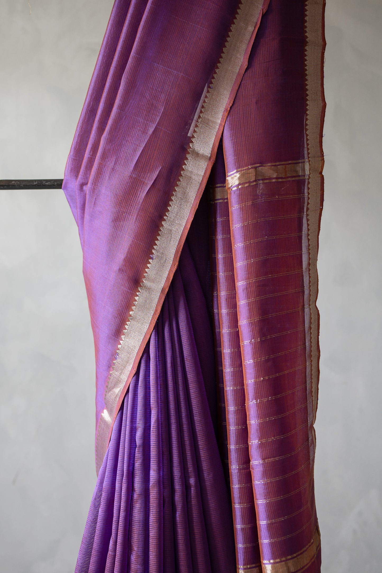 Royal Plum Mangalgiri Silk Cotton Saree with Silver Zari Border and Striped Pallu
