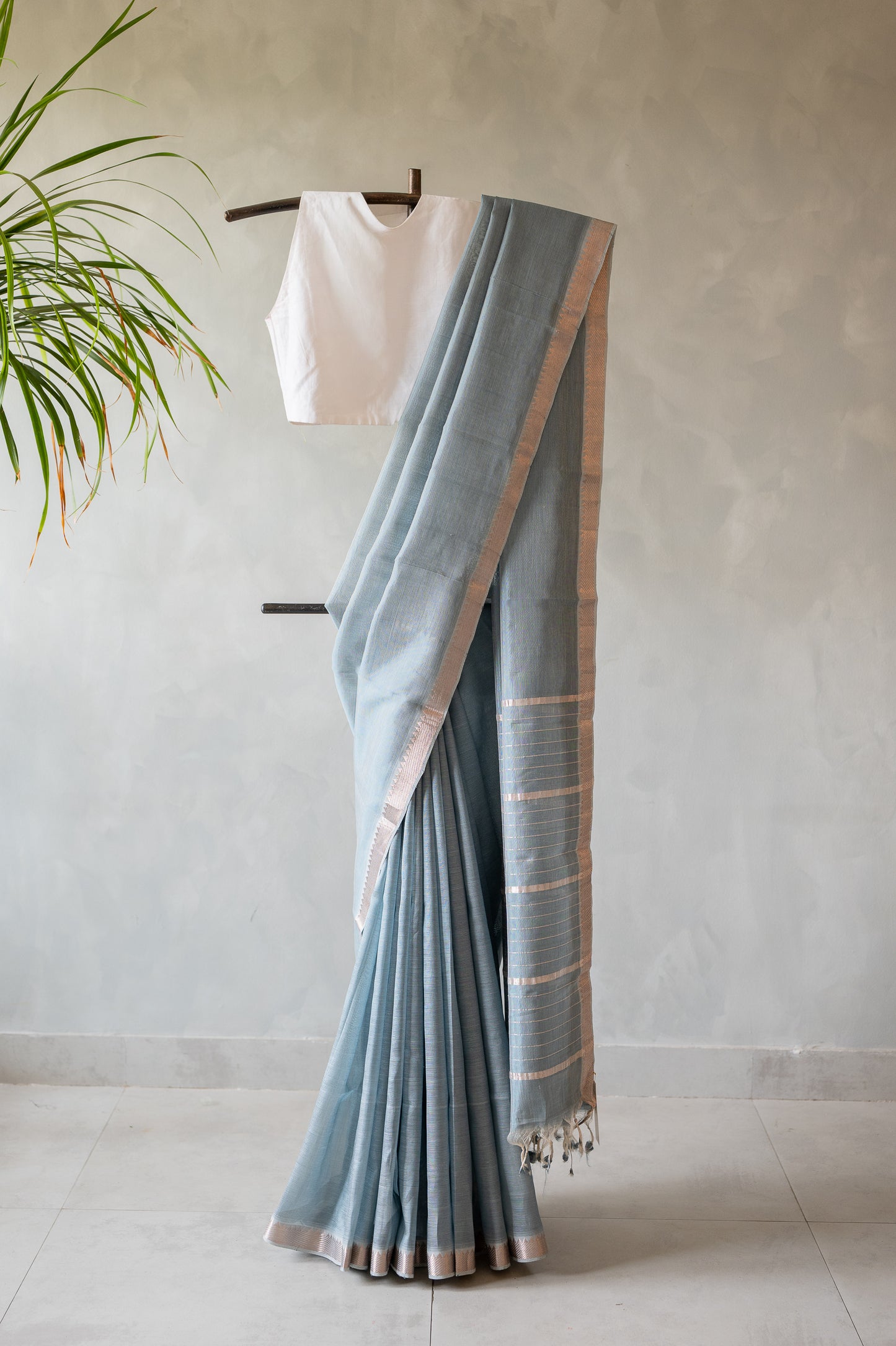 Misty Slate Grey Mangalagiri Silk Cotton Saree with Dull Gold Zari Border and Striped Pallu