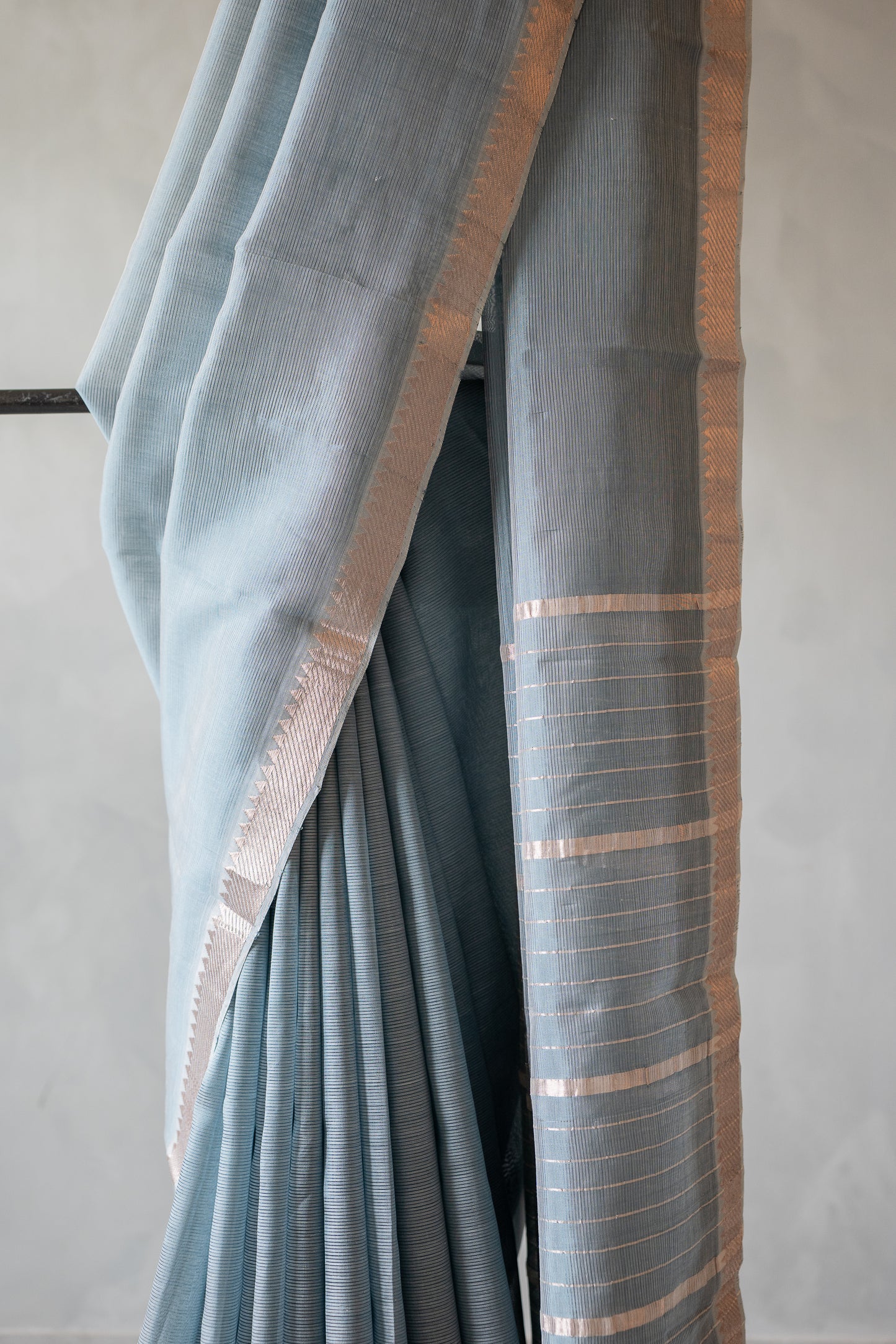 Misty Slate Grey Mangalagiri Silk Cotton Saree with Dull Gold Zari Border and Striped Pallu