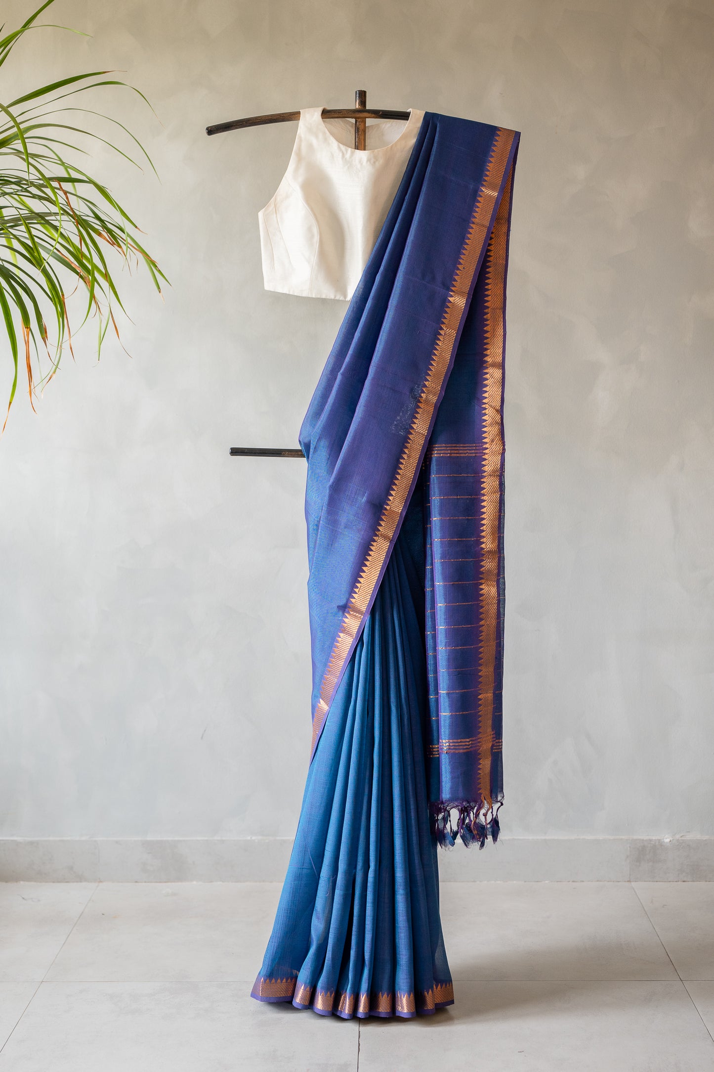 Blue Plain Mangalagiri Silk Cotton with Zari Border Saree