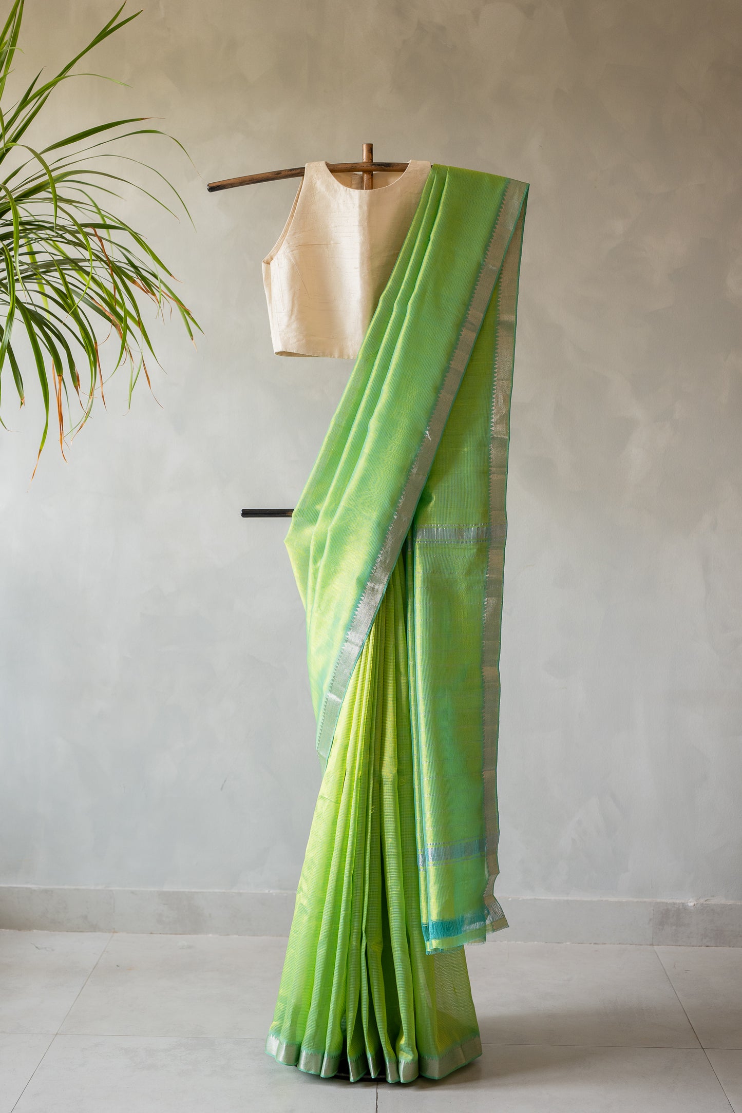 Bright Fern Green Mangalgiri Silk Cotton Saree with Silver Zari Striped Pallu and Border