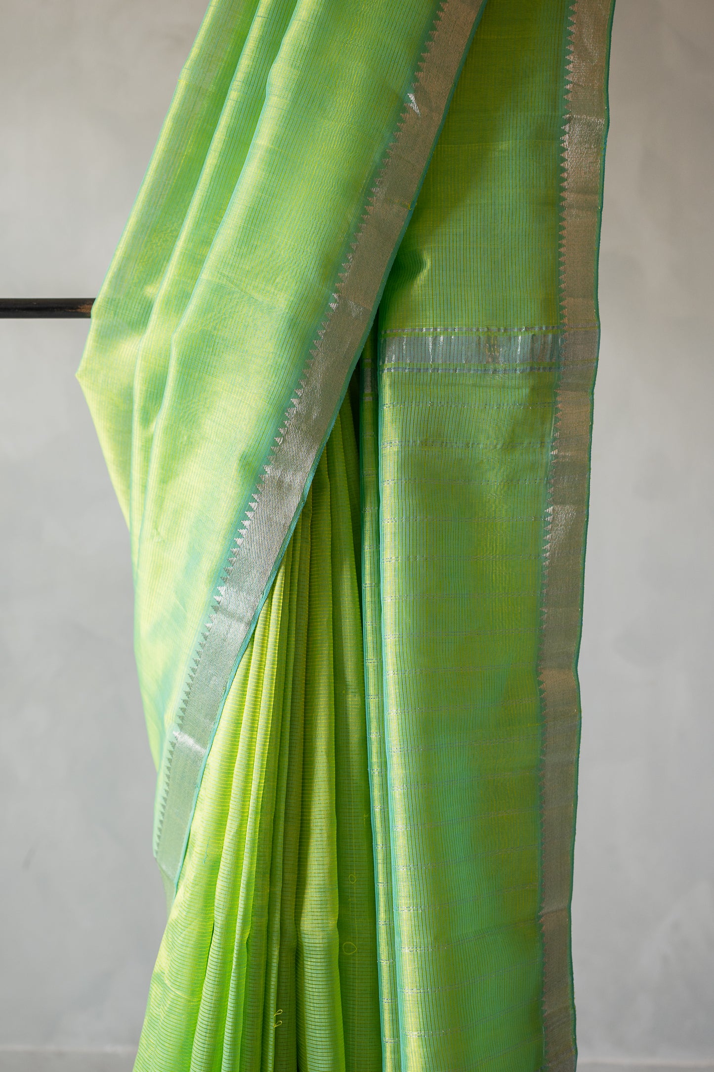 Bright Fern Green Mangalgiri Silk Cotton Saree with Silver Zari Striped Pallu and Border