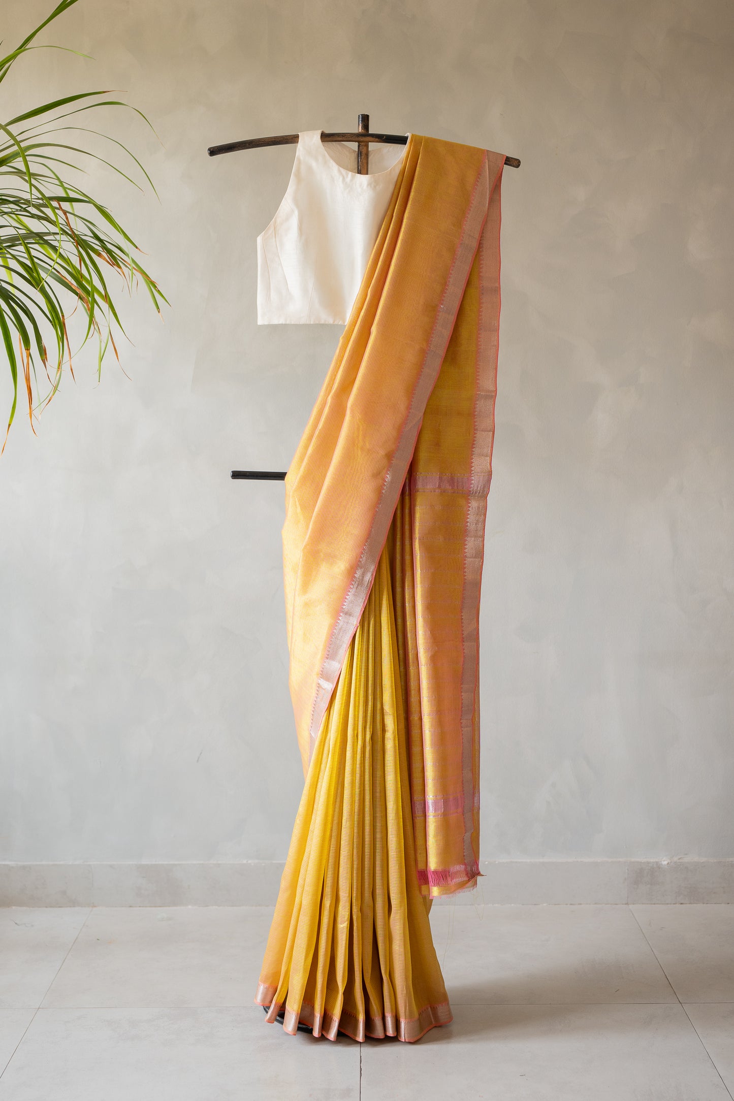 Mustard Mangalgiri Silk Cotton Saree with Silver Zari Striped Pallu and Border