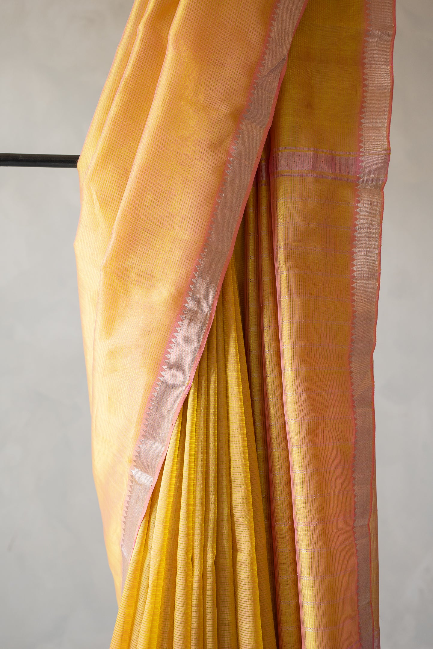 Mustard Mangalgiri Silk Cotton Saree with Silver Zari Striped Pallu and Border