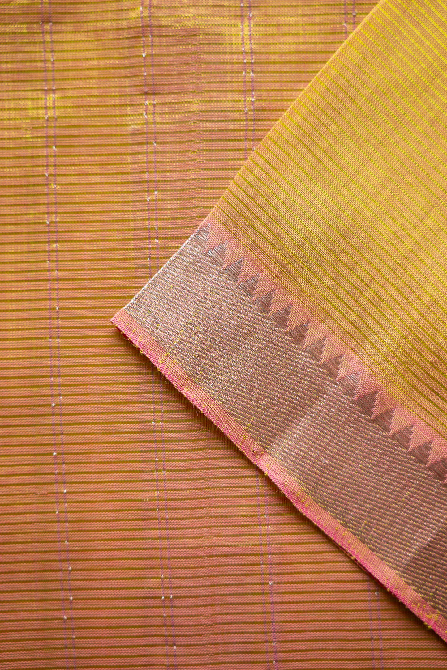 Mustard Mangalgiri Silk Cotton Saree with Silver Zari Striped Pallu and Border