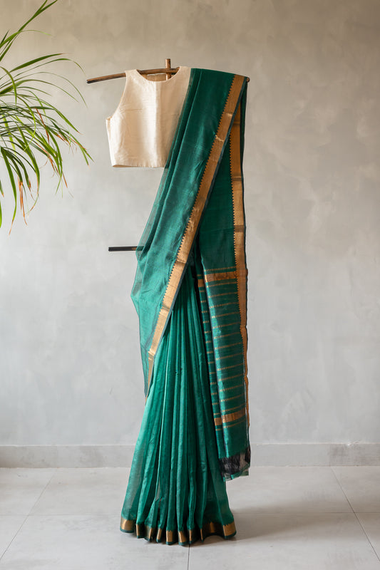 Emerald Green Mangalgiri Silk Cotton Saree with Gold Zari Striped Pallu and Border
