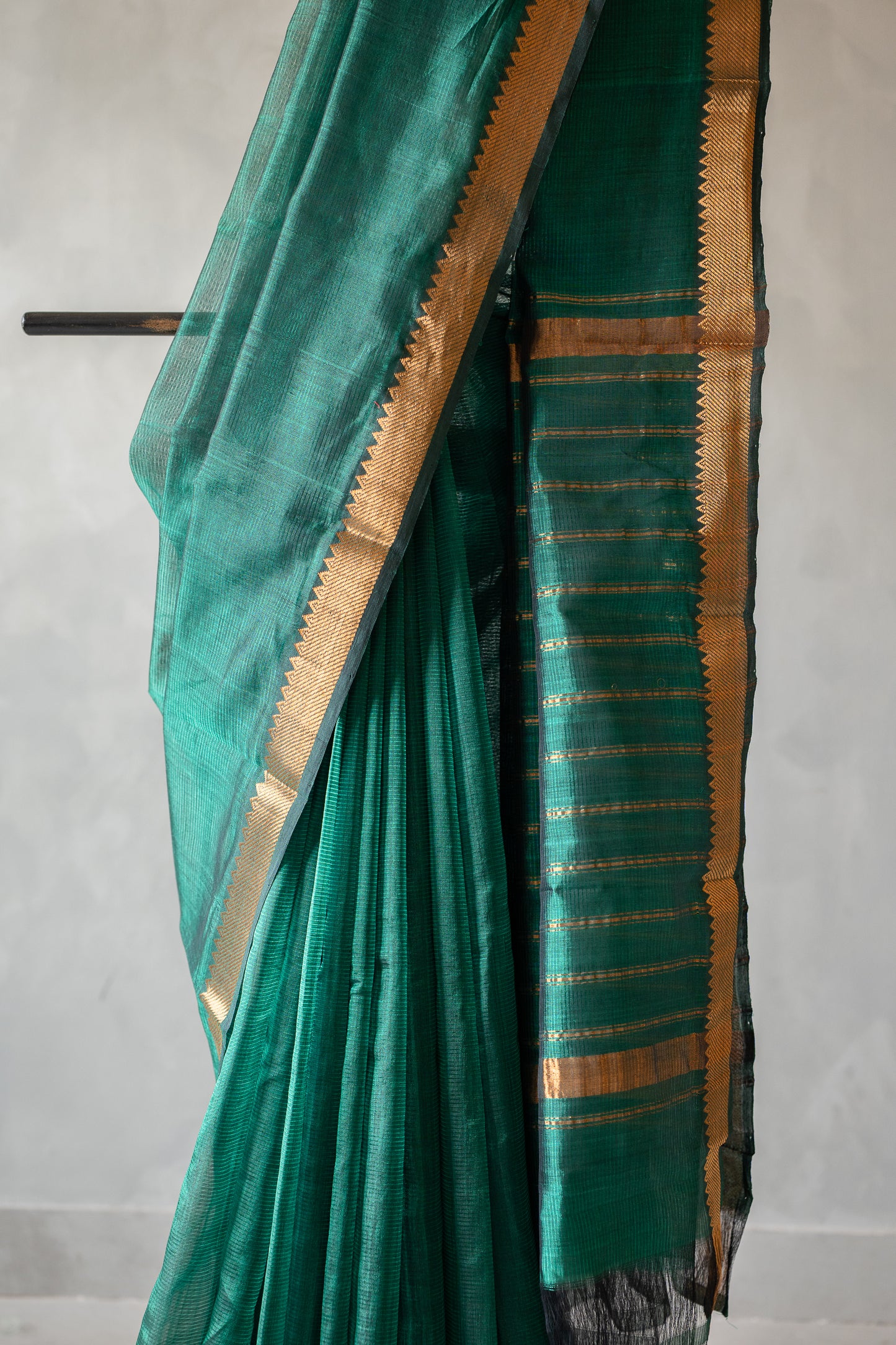 Emerald Green Mangalgiri Silk Cotton Saree with Gold Zari Striped Pallu and Border