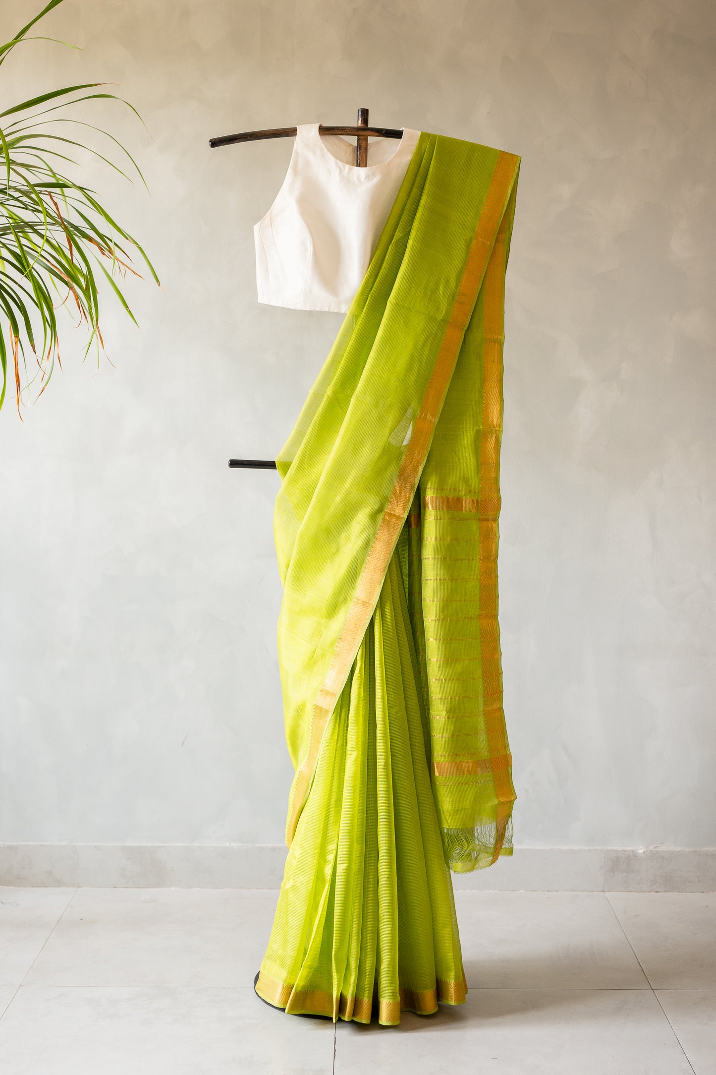 Lime Green Mangalgiri Silk Cotton Saree with Gold Zari Striped Pallu and Border