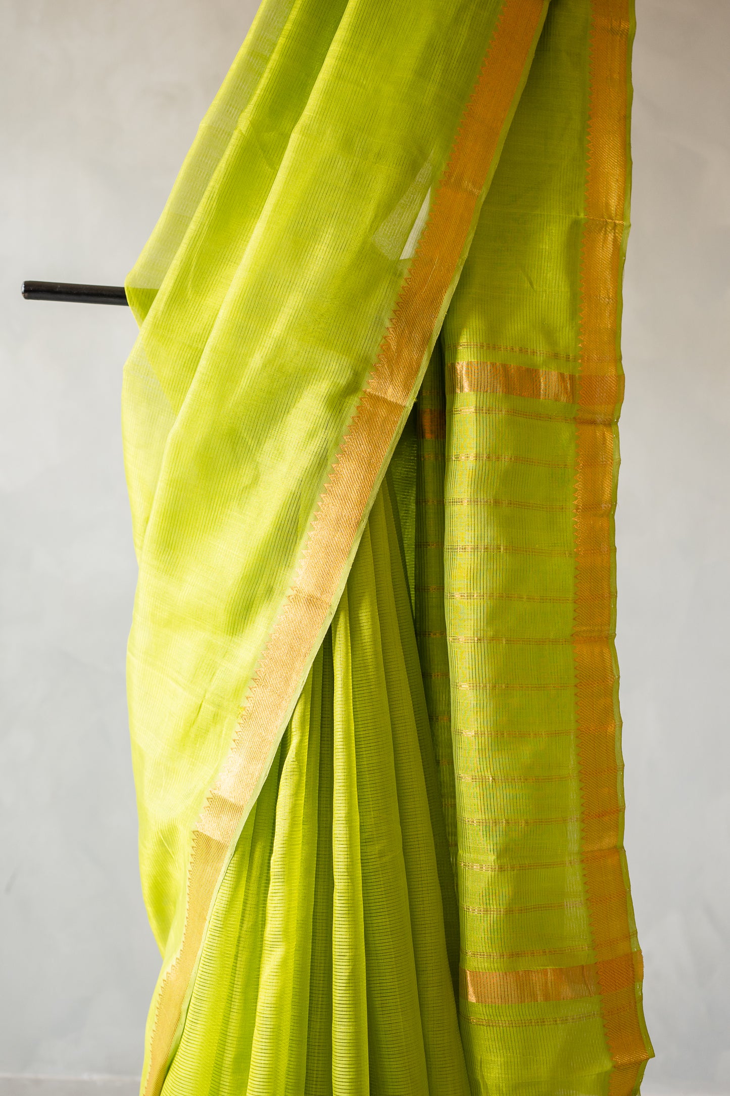 Lime Green Mangalgiri Silk Cotton Saree with Gold Zari Striped Pallu and Border