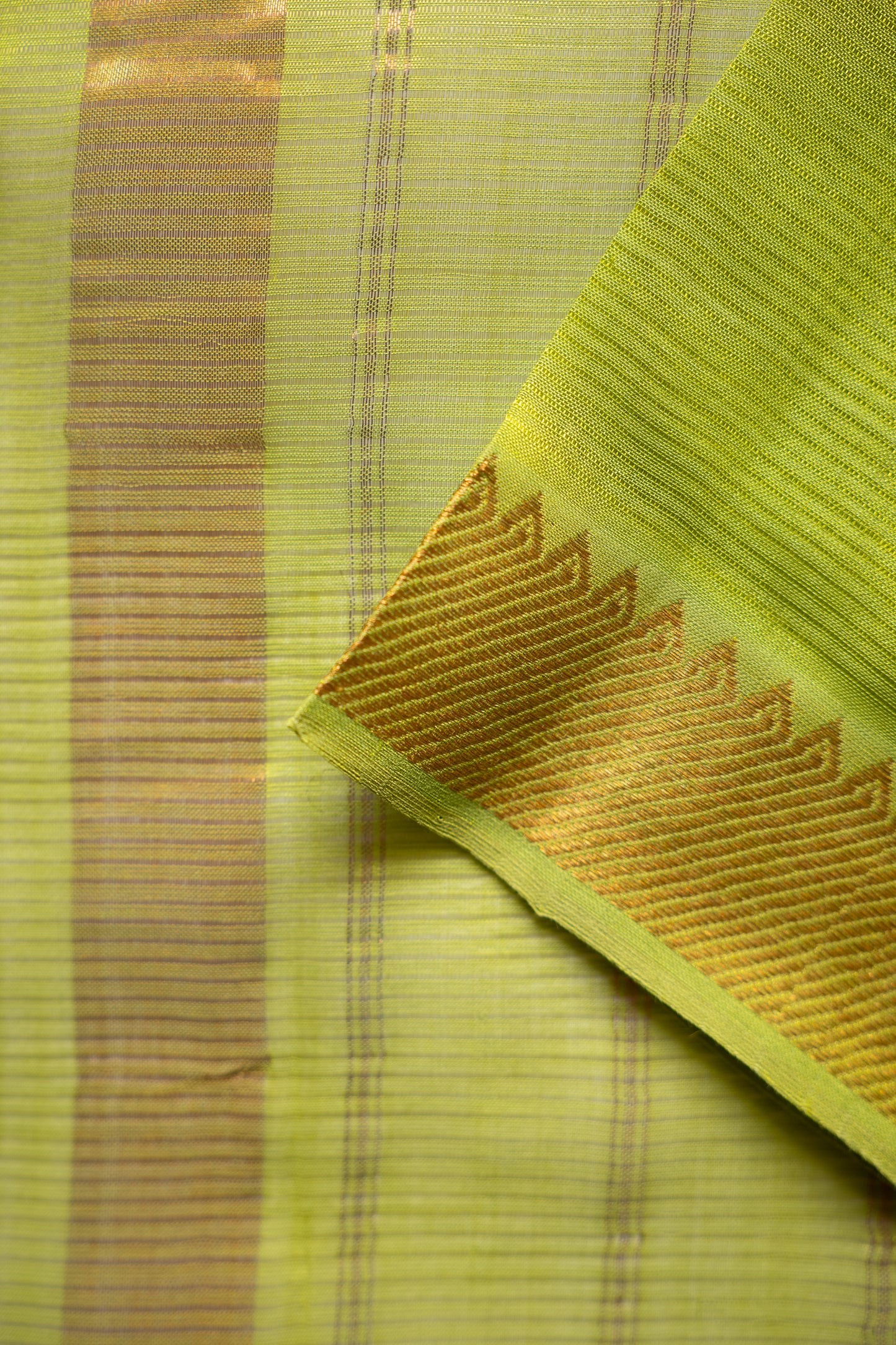 Lime Green Mangalgiri Silk Cotton Saree with Gold Zari Striped Pallu and Border