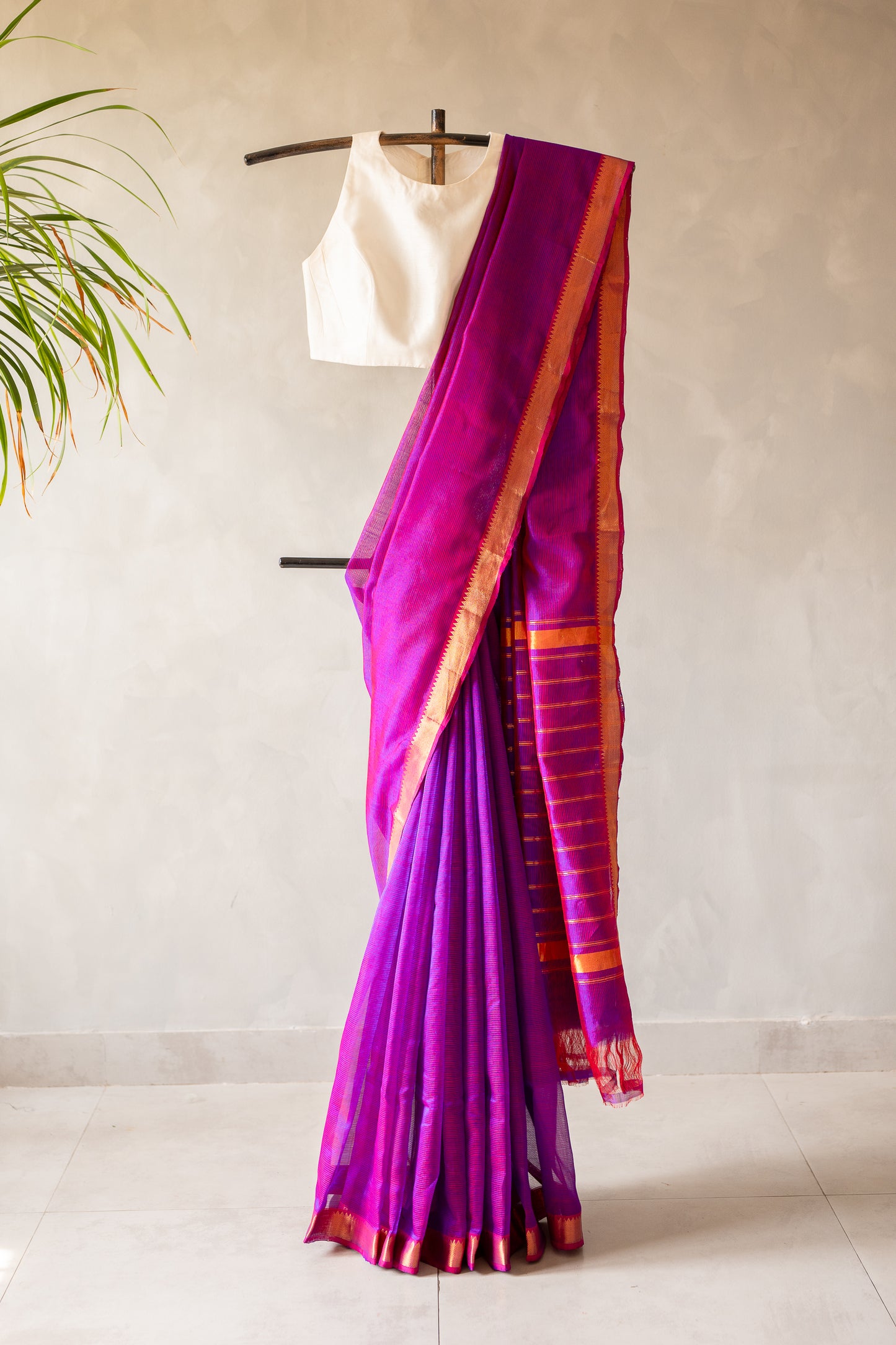 Electric Purple Mangalgiri Silk Cotton Saree with Gold Zari Striped Pallu and Border