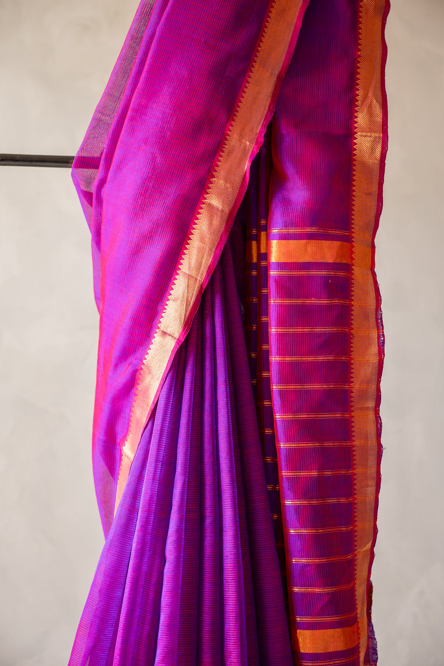 Electric Purple Mangalgiri Silk Cotton Saree with Gold Zari Striped Pallu and Border