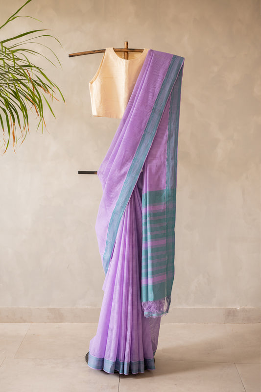 Lilac Mangalgiri Cotton Saree with Teal Border and Striped Pallu