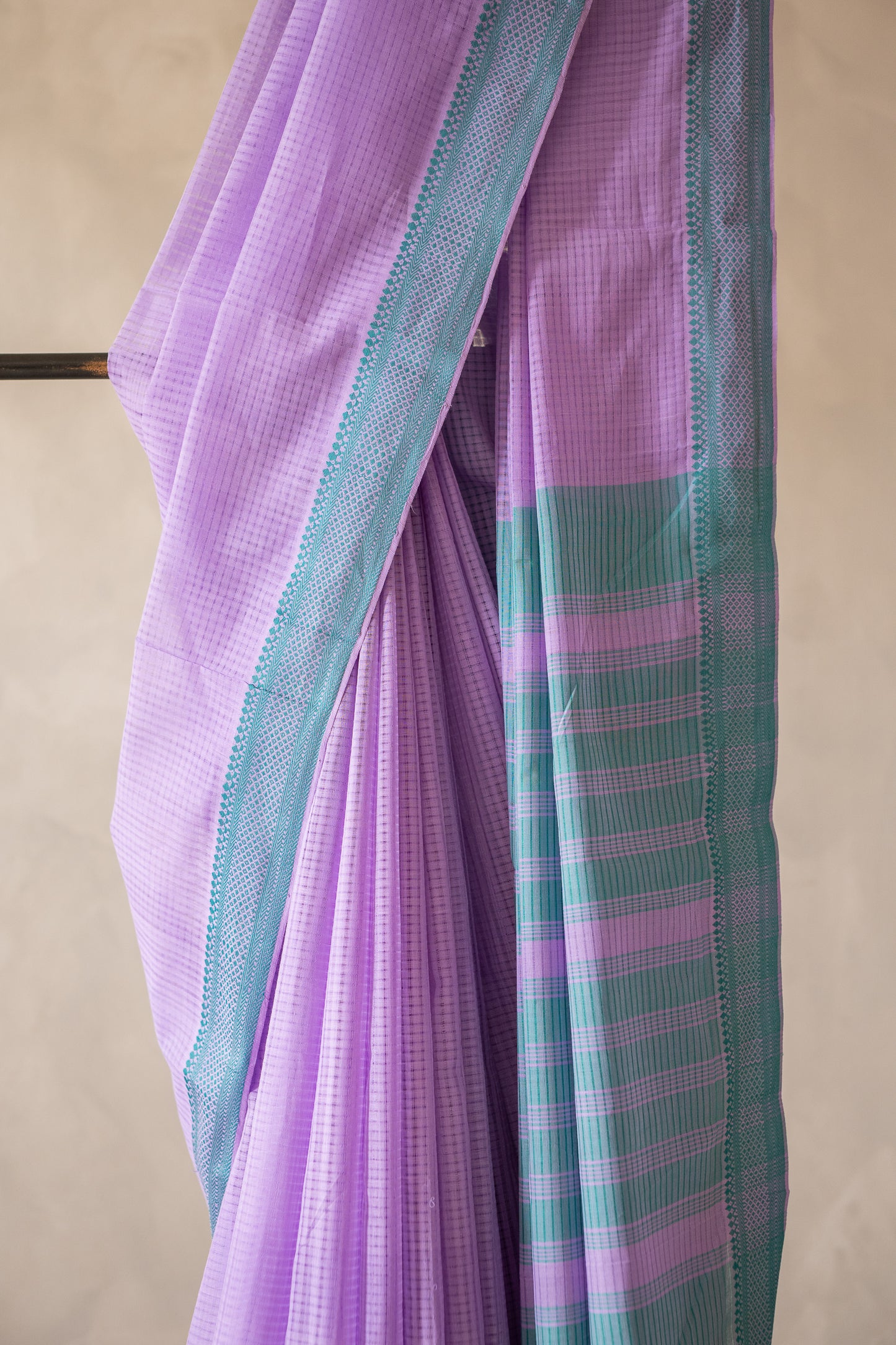 Lilac Mangalgiri Cotton Saree with Teal Border and Striped Pallu