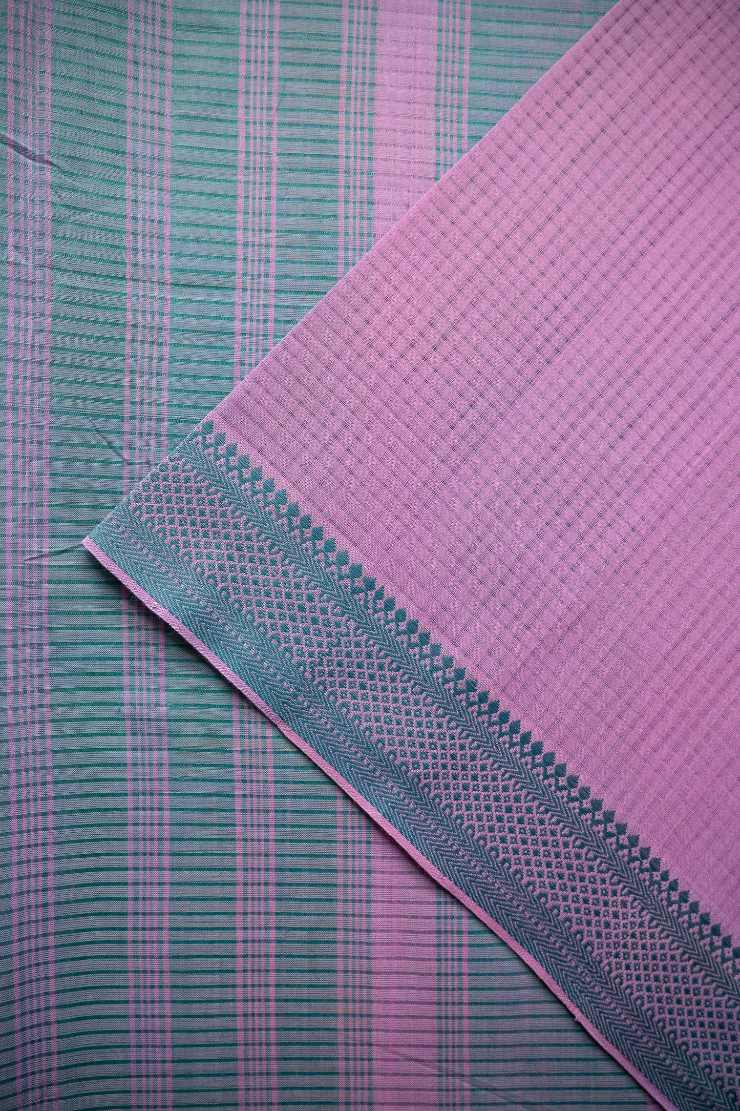 Lilac Mangalgiri Cotton Saree with Teal Border and Striped Pallu