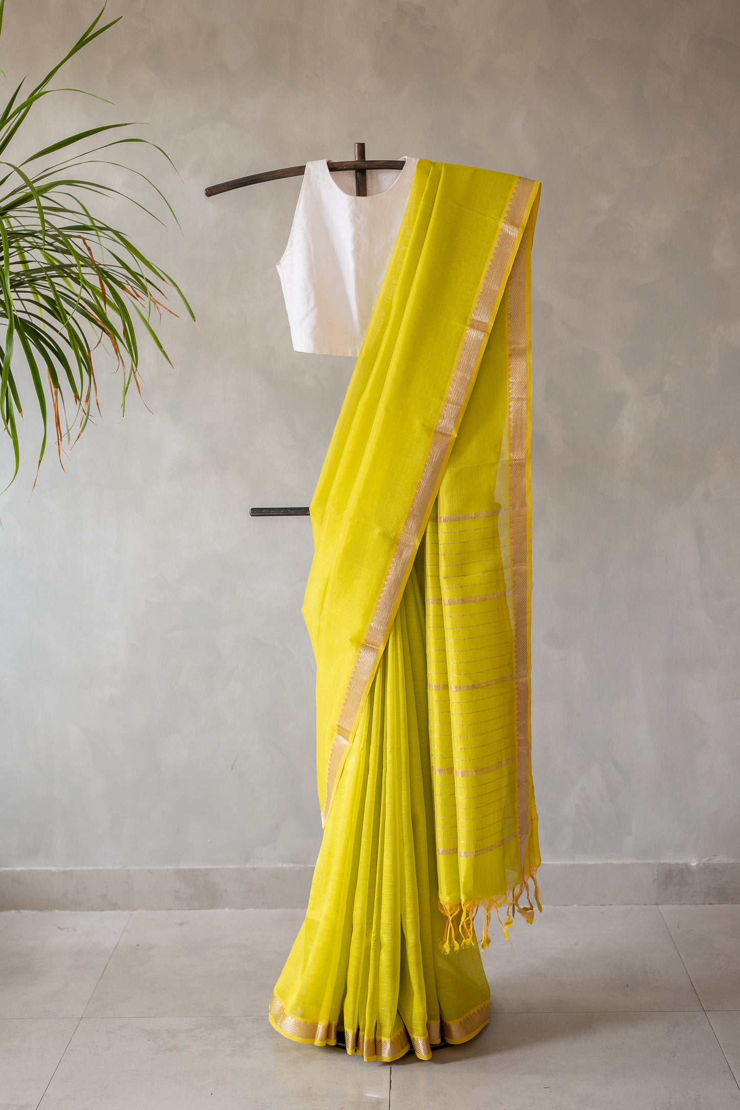 Lemon Mangalgiri Silk Cotton Saree with Silver Zari Striped Pallu and Border