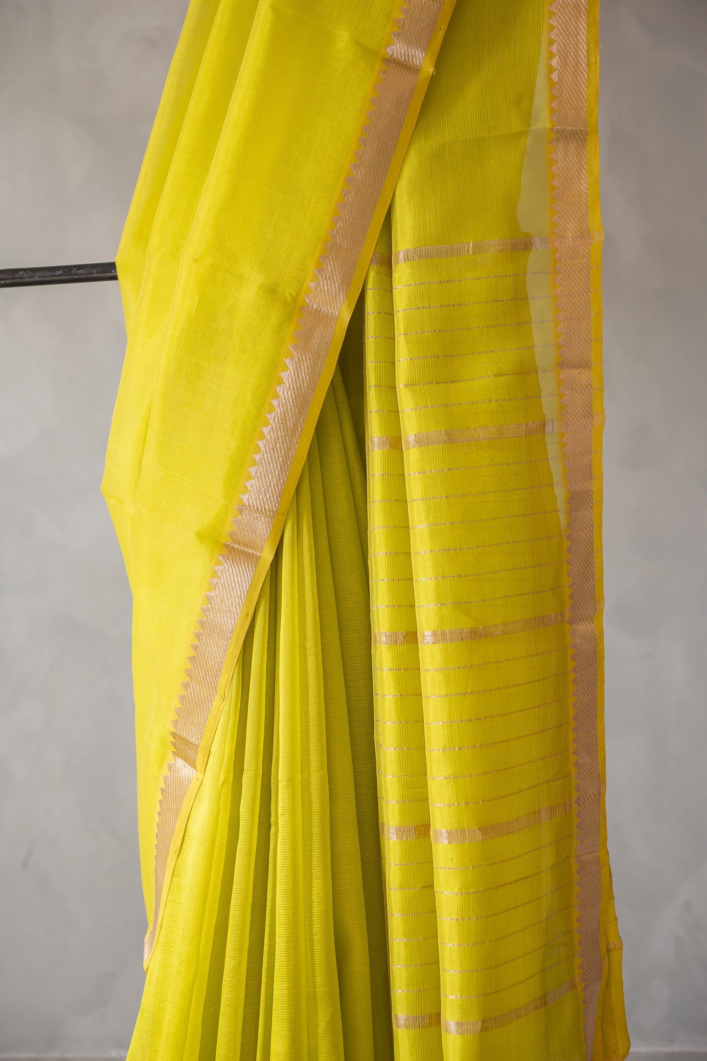 Lemon Mangalgiri Silk Cotton Saree with Silver Zari Striped Pallu and Border