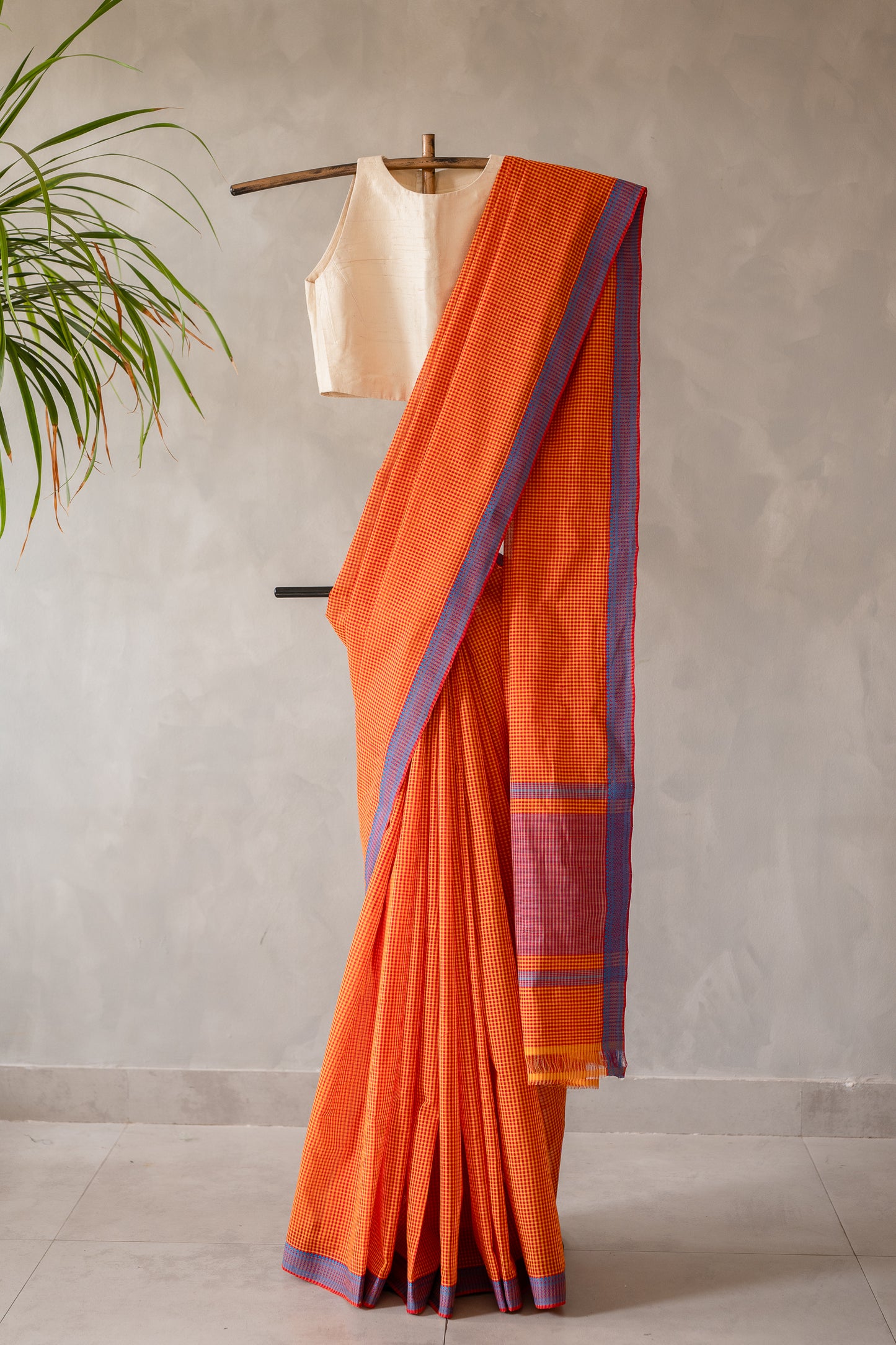 Orange Micro Check Mangalagiri Cotton with Blue Border Saree