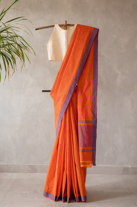 Orange Micro Check Mangalagiri Cotton with Blue Border Saree
