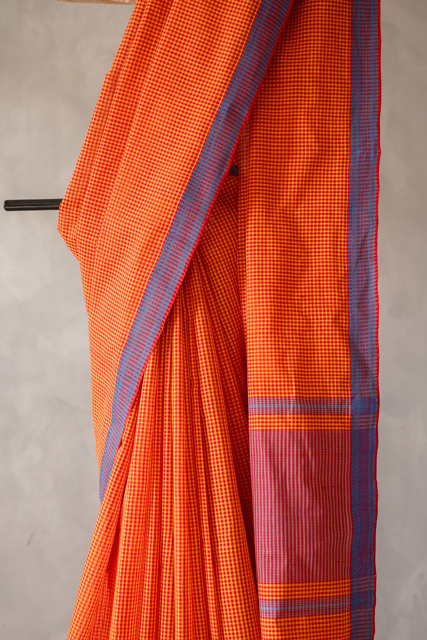 Orange Micro Check Mangalagiri Cotton with Blue Border Saree