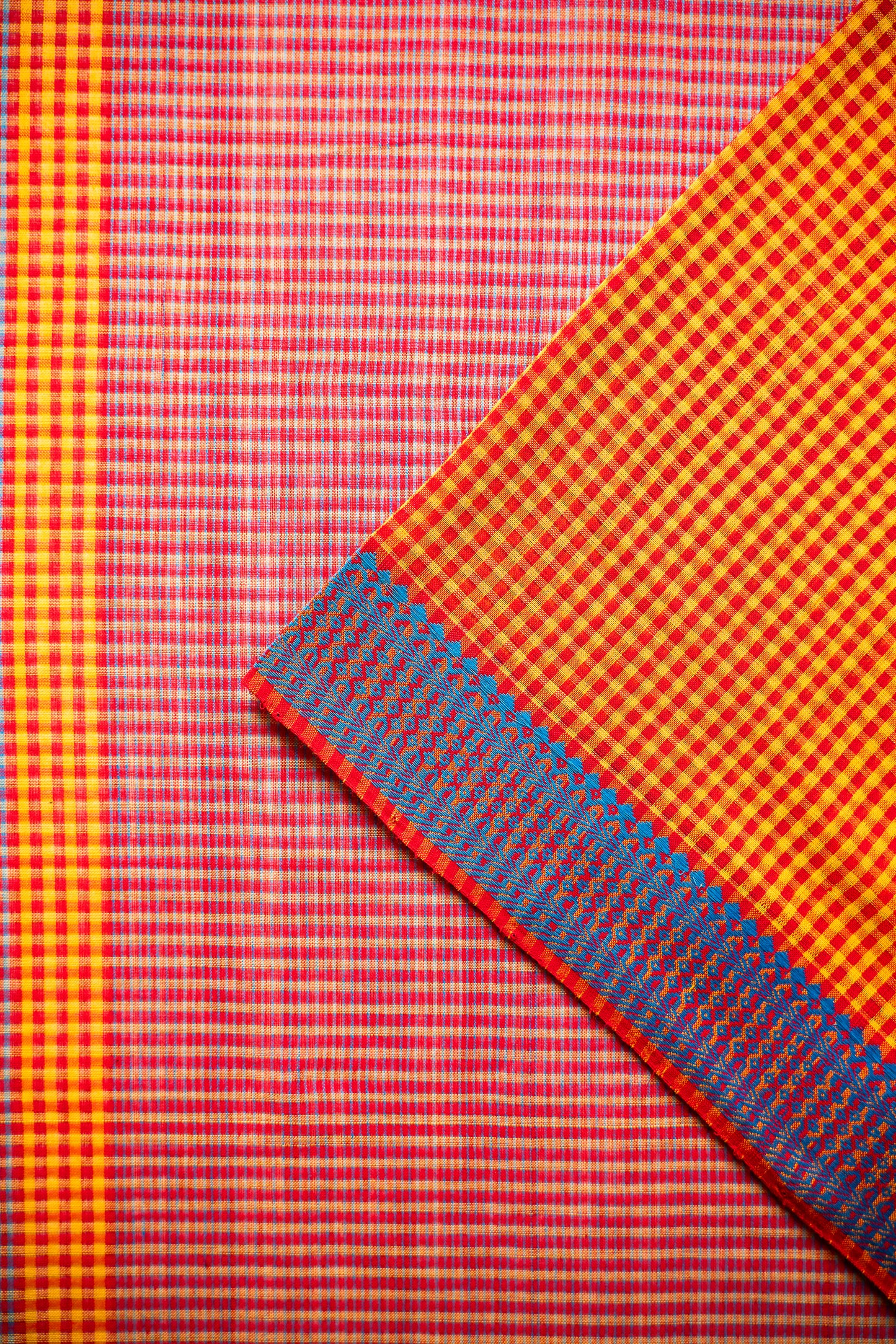 Orange Micro Check Mangalagiri Cotton with Blue Border Saree