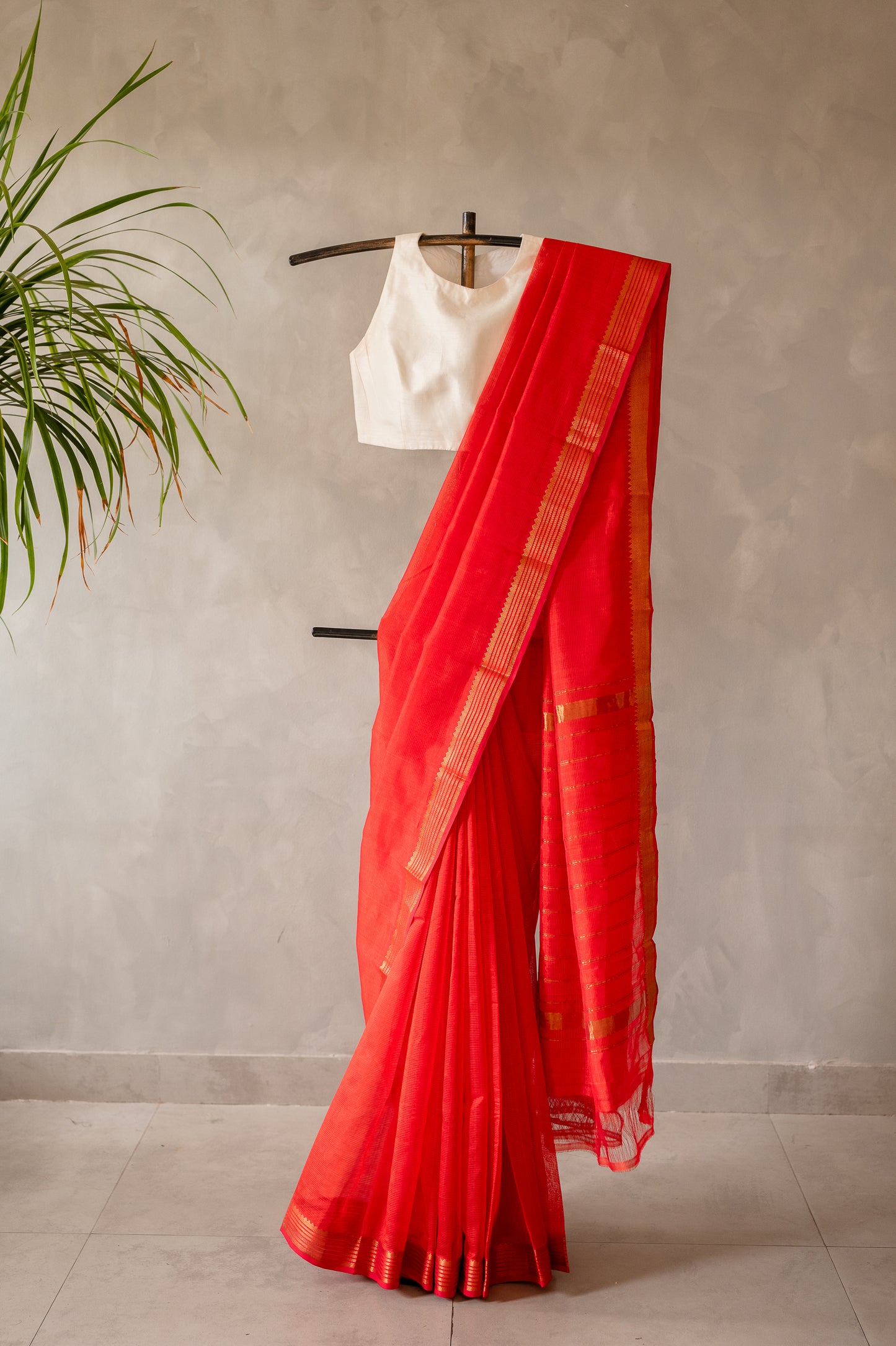 Bright Orange Plain Mangalagiri Silk Cotton with Zari Border Saree