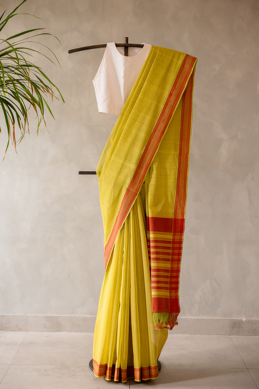 Yellow Plain Mangalagiri Cotton with Red Border Saree