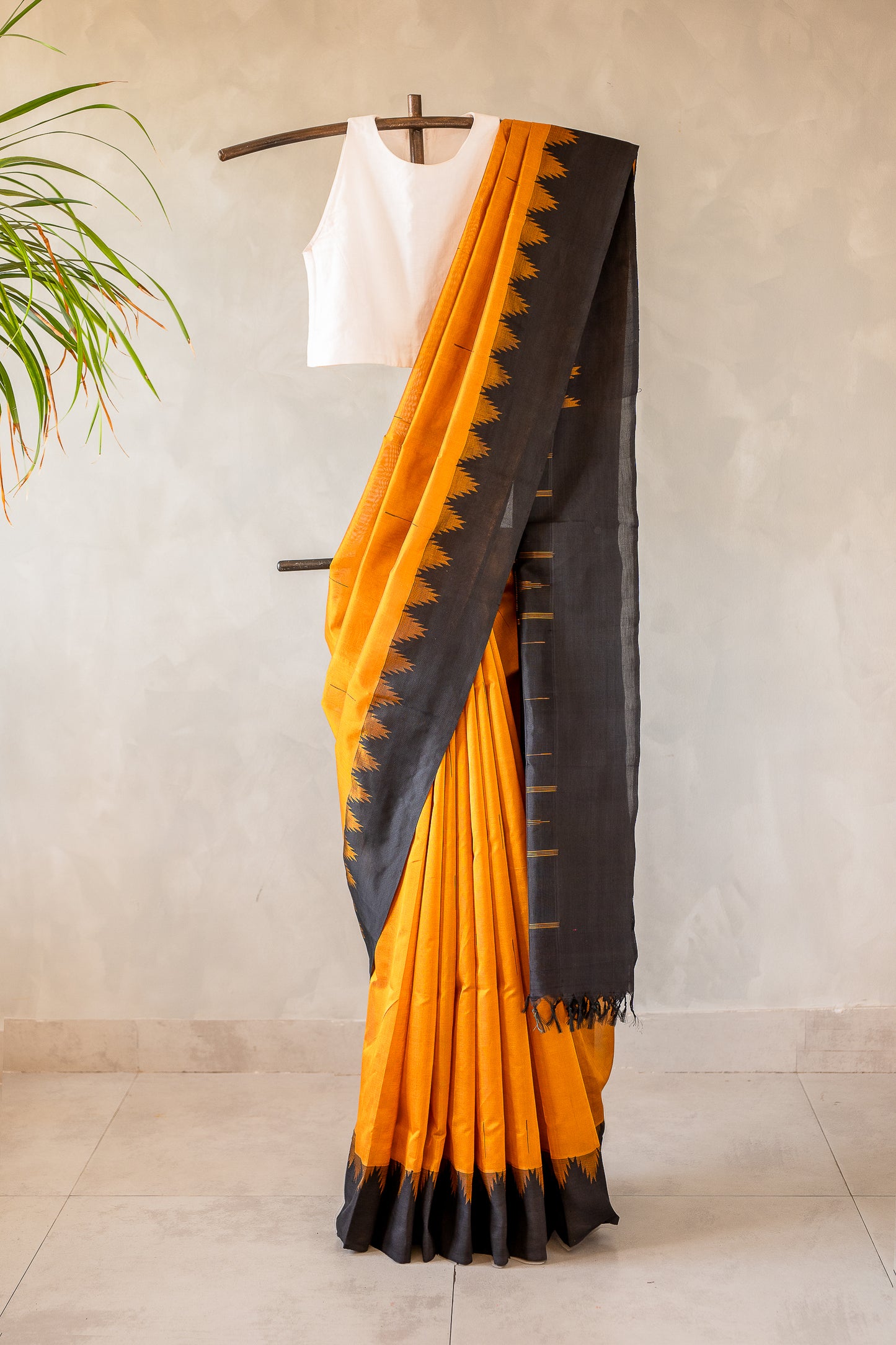 Mustard Yellow Silk Cotton Saree with Charcoal Black Temple Border