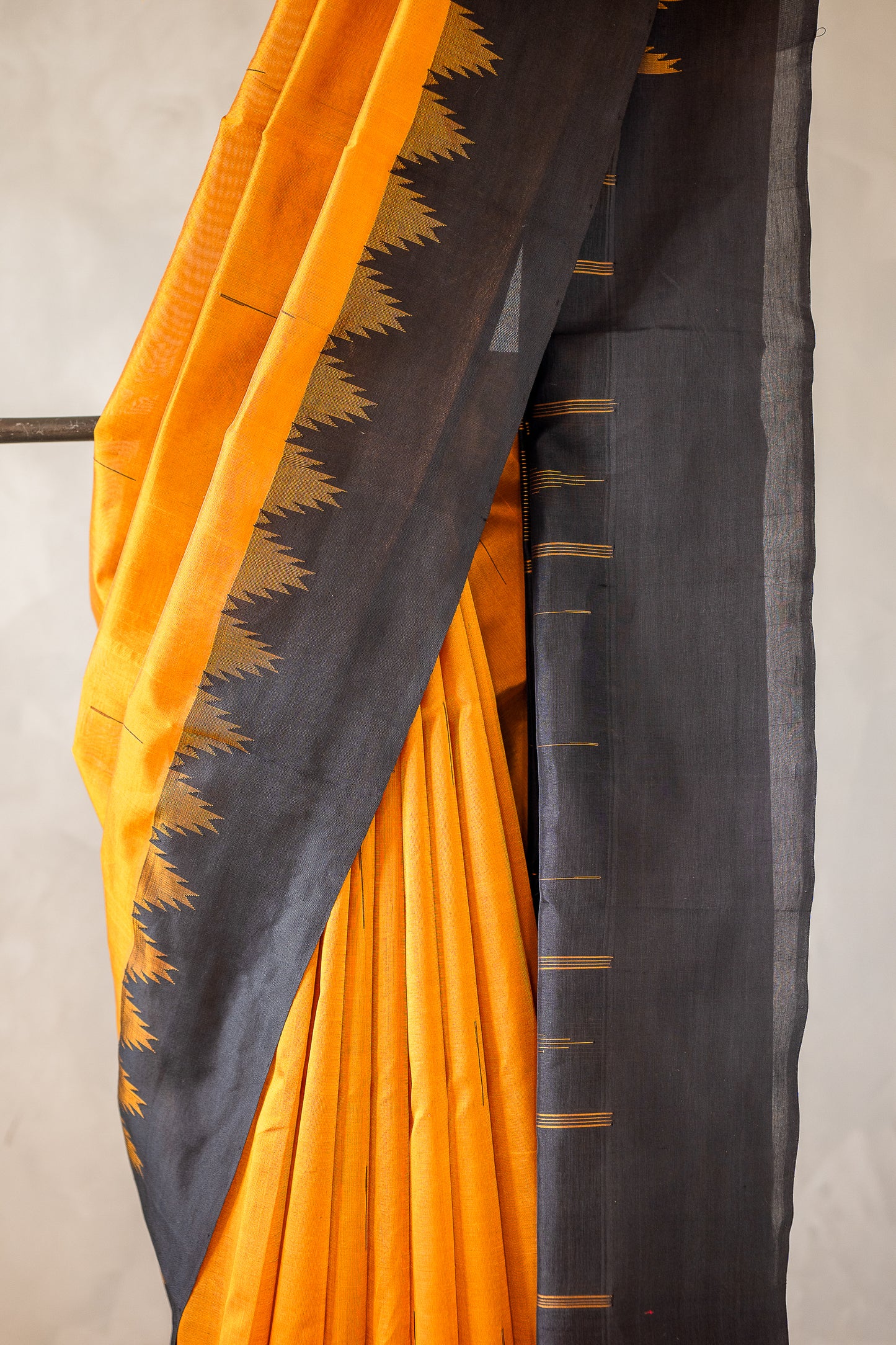 Mustard Yellow Silk Cotton Saree with Charcoal Black Temple Border