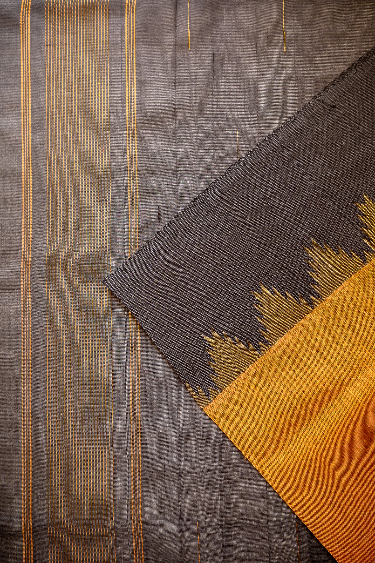 Mustard Yellow Silk Cotton Saree with Charcoal Black Temple Border