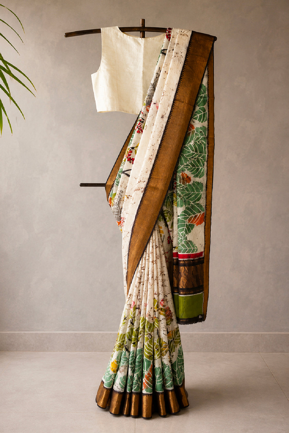 Off White Mangalagiri Silk by Cotton Saree with Batik Art