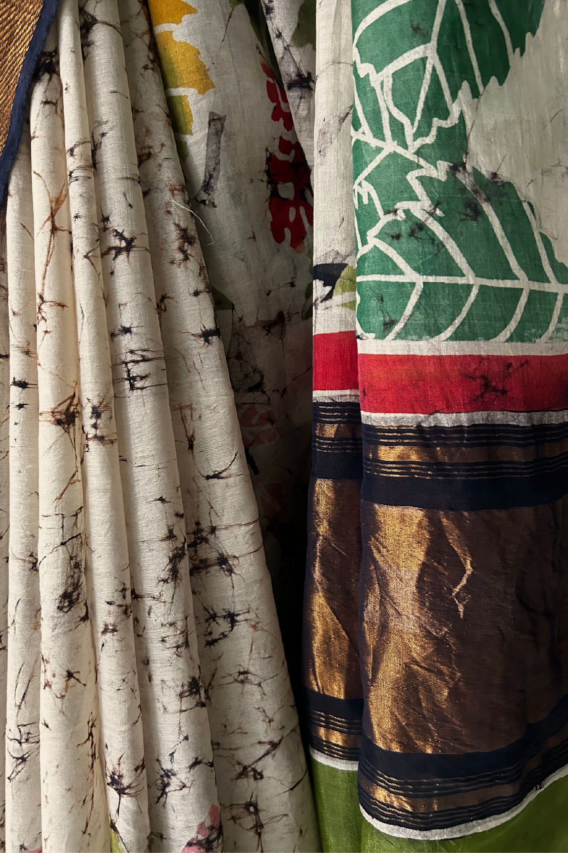 Off White Mangalagiri Silk by Cotton Saree with Batik Art