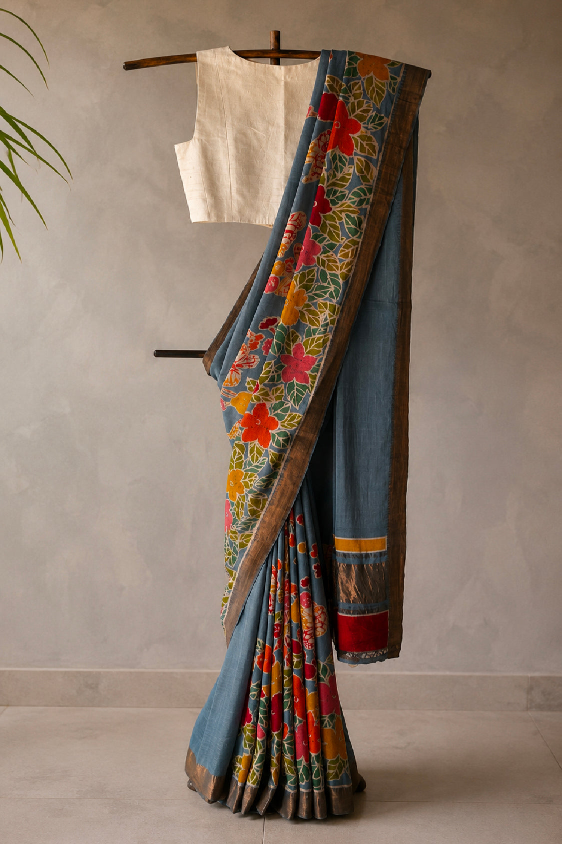 Blue  Grey Mangalagiri Silk by Cotton Saree with Batik Art