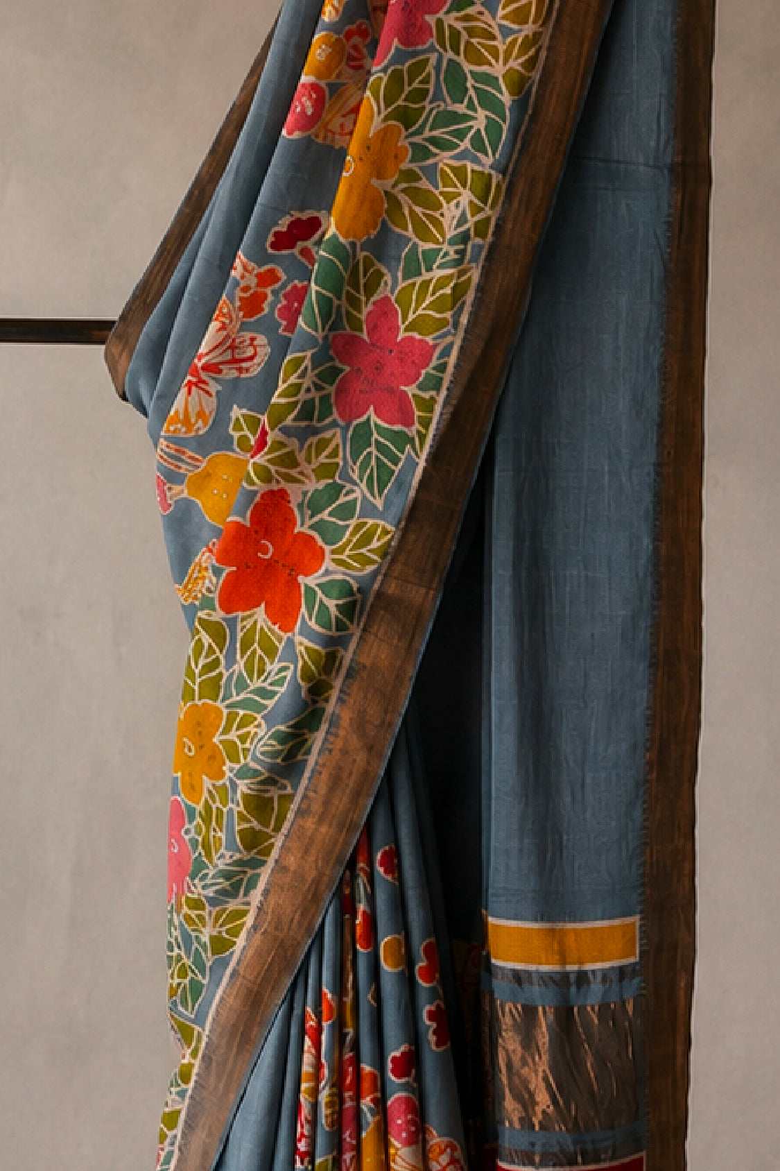 Blue  Grey Mangalagiri Silk by Cotton Saree with Batik Art