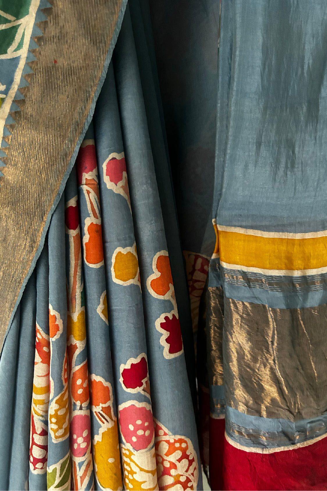Blue  Grey Mangalagiri Silk by Cotton Saree with Batik Art