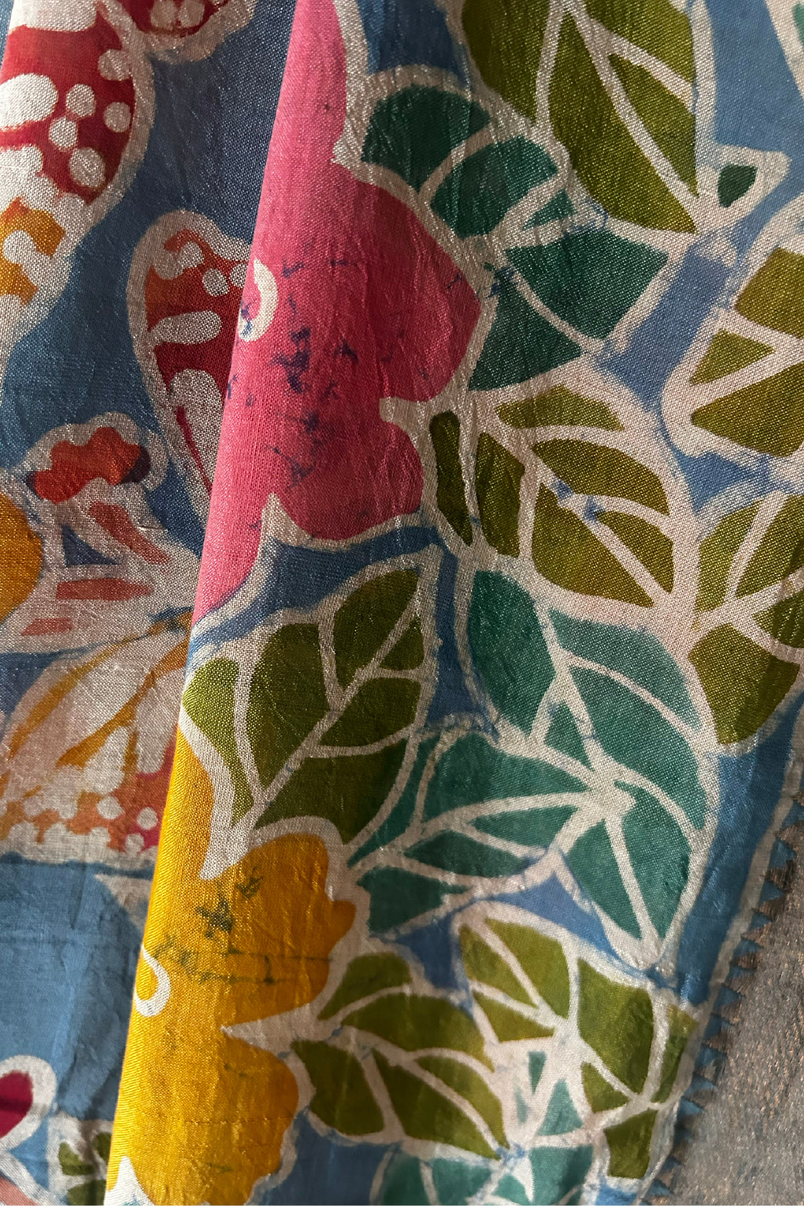 Blue  Grey Mangalagiri Silk by Cotton Saree with Batik Art