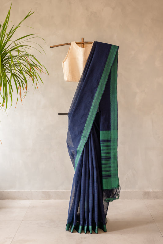Navy Blue Plain Mangalagiri Cotton with Green Border Saree