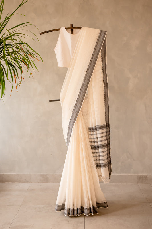 Off White Plain Mangalagiri Cotton with Black Border Saree
