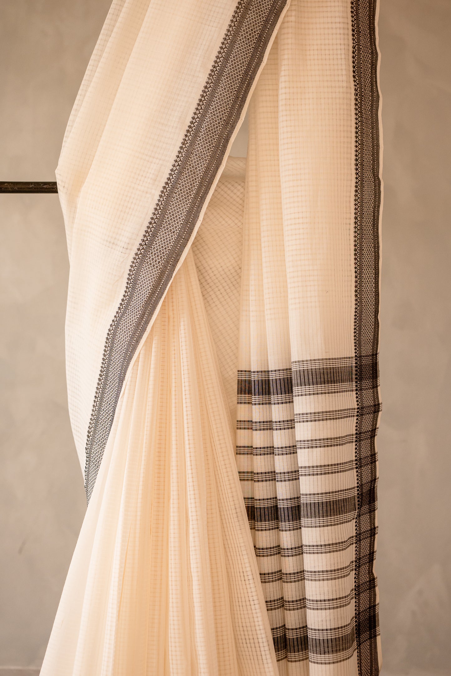 Off White Plain Mangalagiri Cotton with Black Border Saree