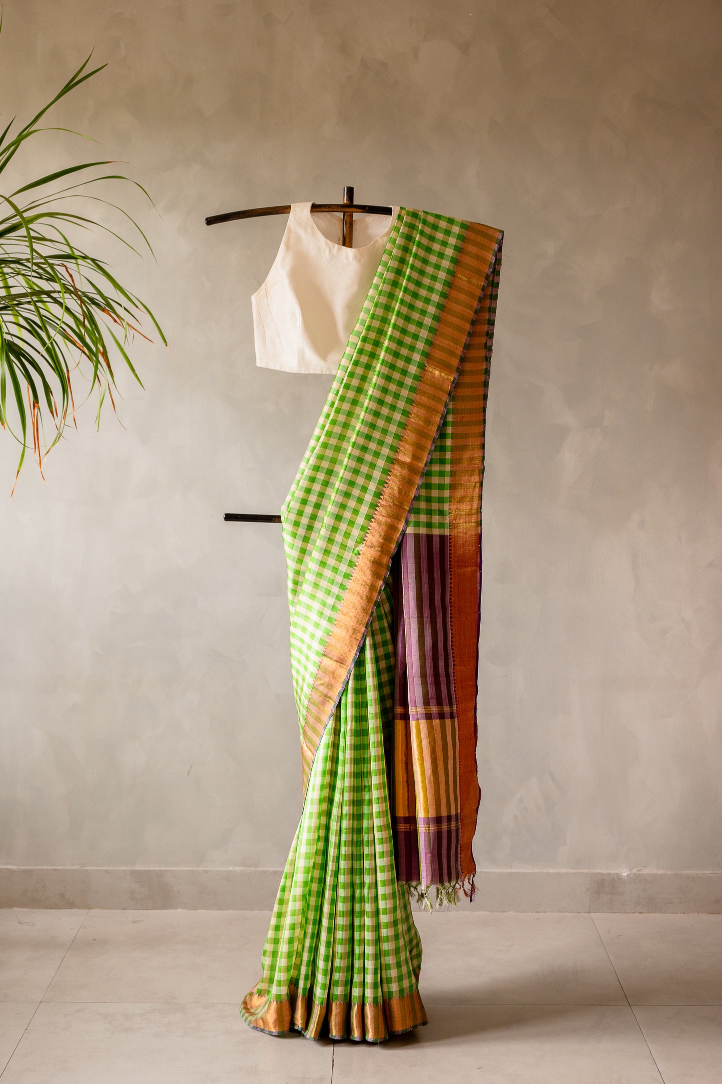 Green and White Check Mangalagiri Silk with Zari Border Saree