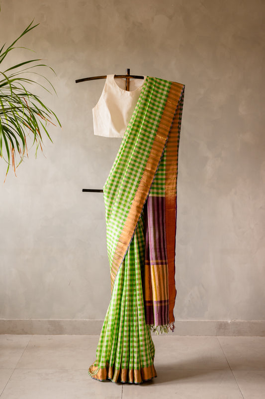 Green and White Check Mangalagiri Silk with Zari Border Saree