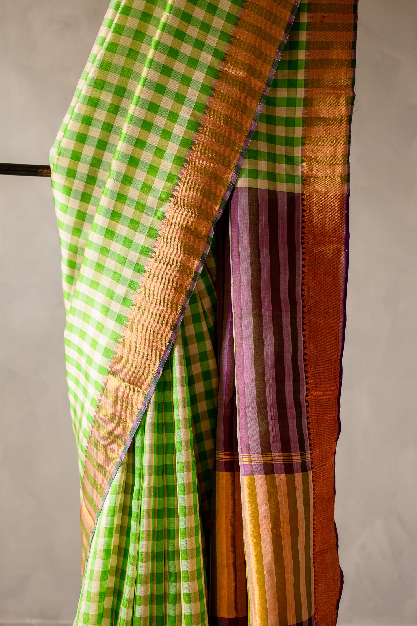 Green and White Check Mangalagiri Silk with Zari Border Saree