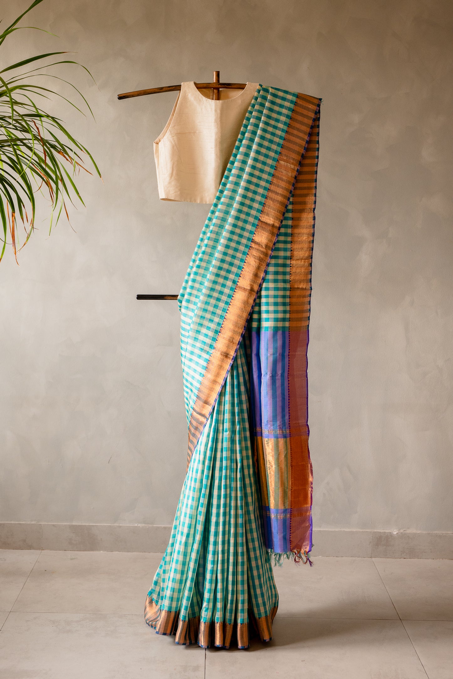Turquoise and White Check Mangalagiri Silk with Zari Border Saree