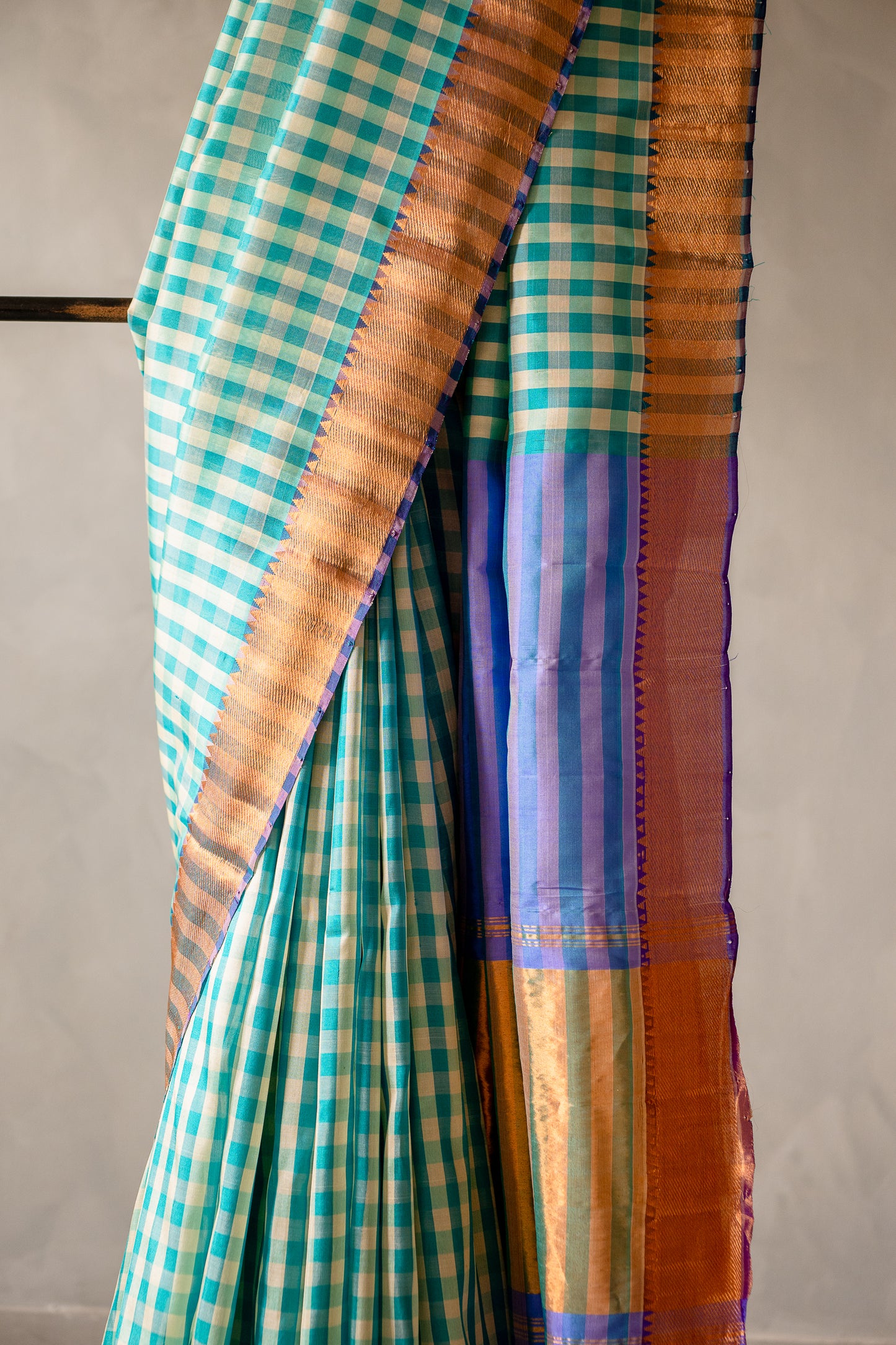 Turquoise and White Check Mangalagiri Silk with Zari Border Saree