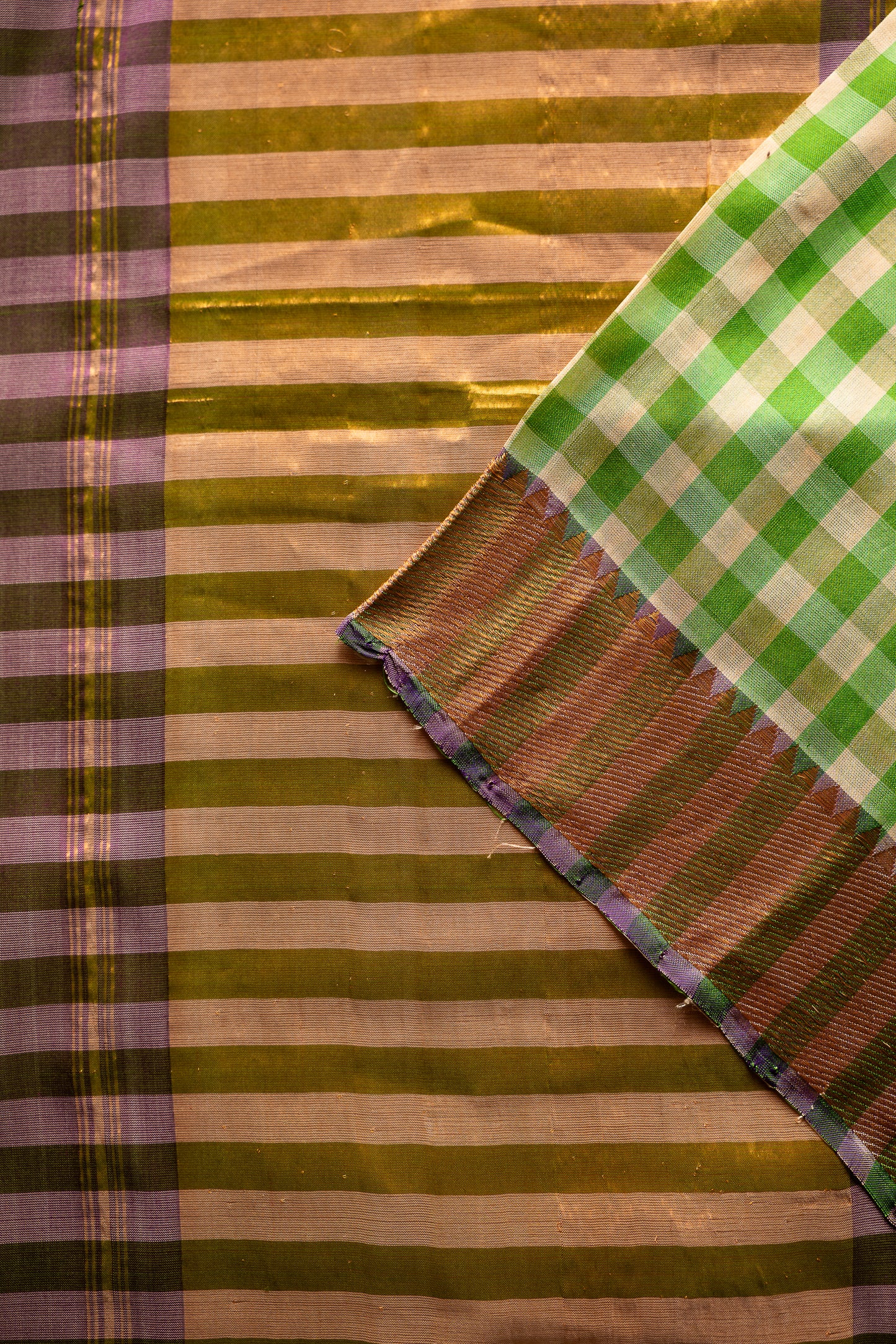 Green and White Check Mangalagiri Silk with Zari Border Saree