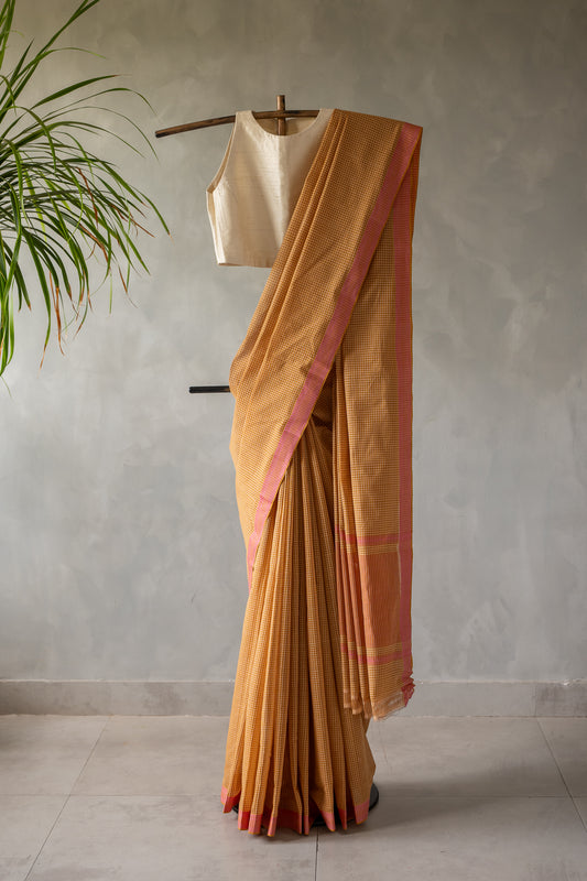 Mustard Micro Check Mangalagiri Cotton With Pink Border Saree
