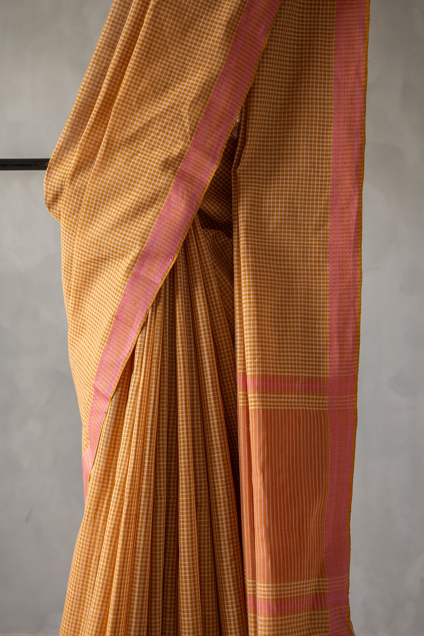 Mustard Micro Check Mangalagiri Cotton With Pink Border Saree