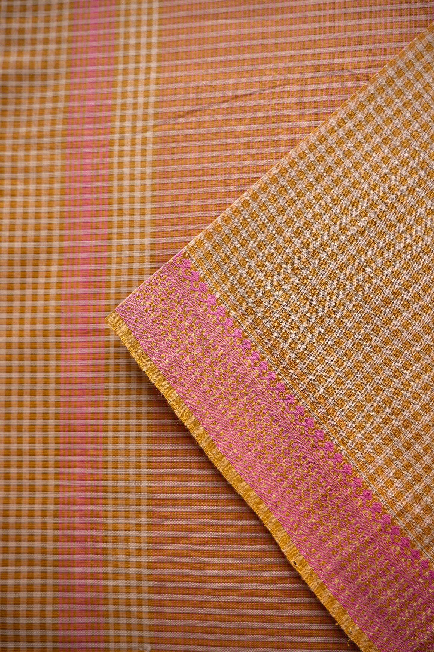 Mustard Micro Check Mangalagiri Cotton With Pink Border Saree