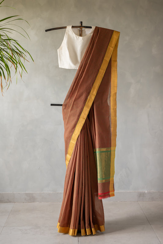 Brown Micro Check Mangalagiri Cotton With Zari Border Saree