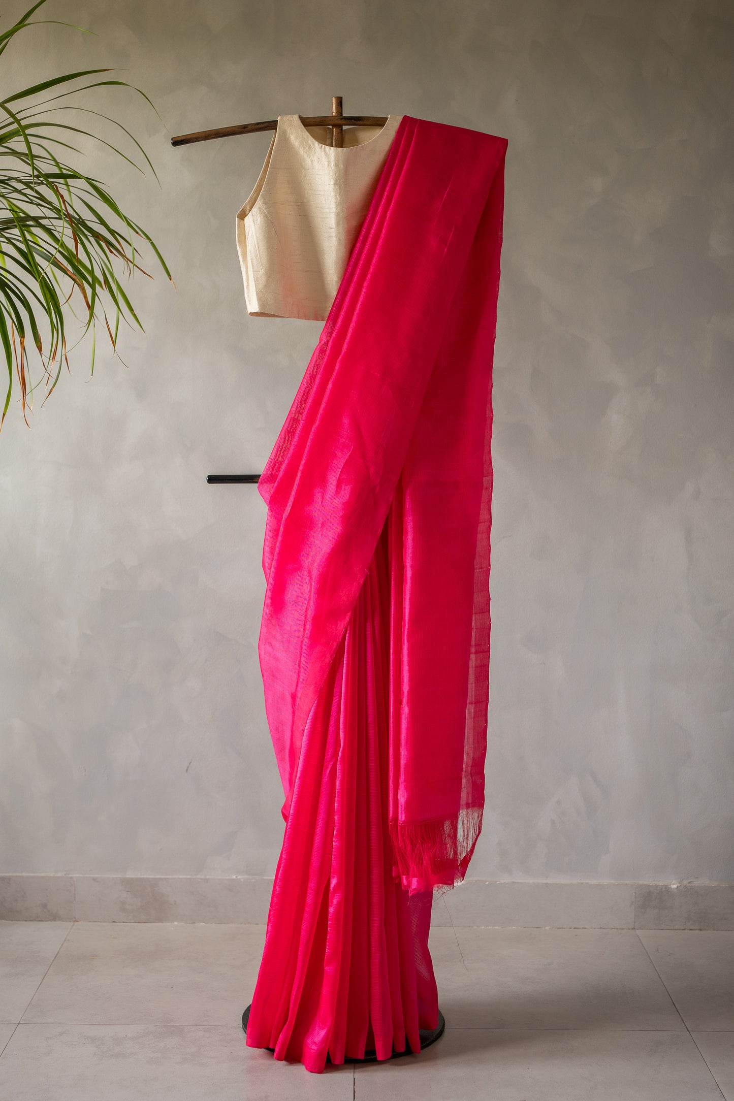 Hot Pink Plain Mangalagiri Silk Cotton Saree